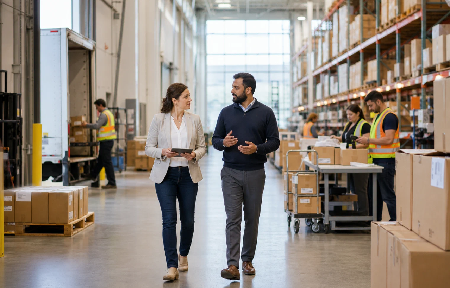 A ShipCarte logistics leader and customer walking through an active warehouse operation