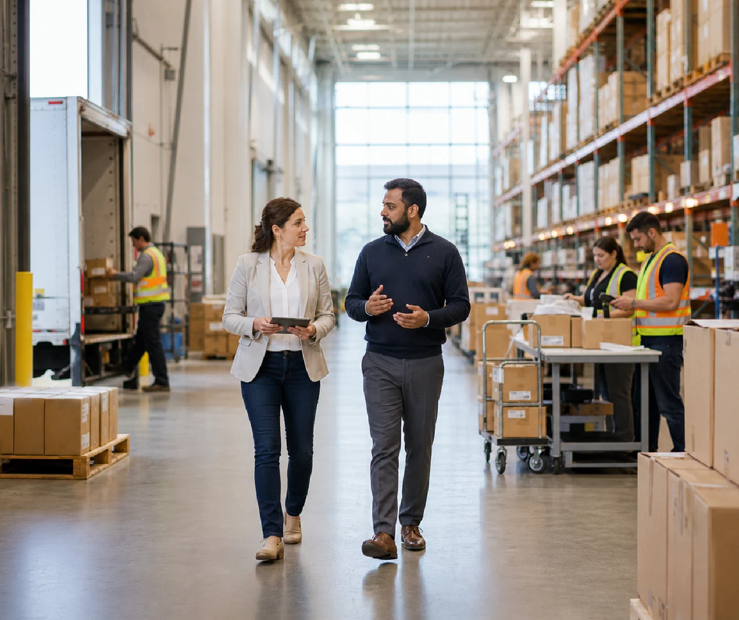 Logistics leaders walking through a connected fulfillment operation