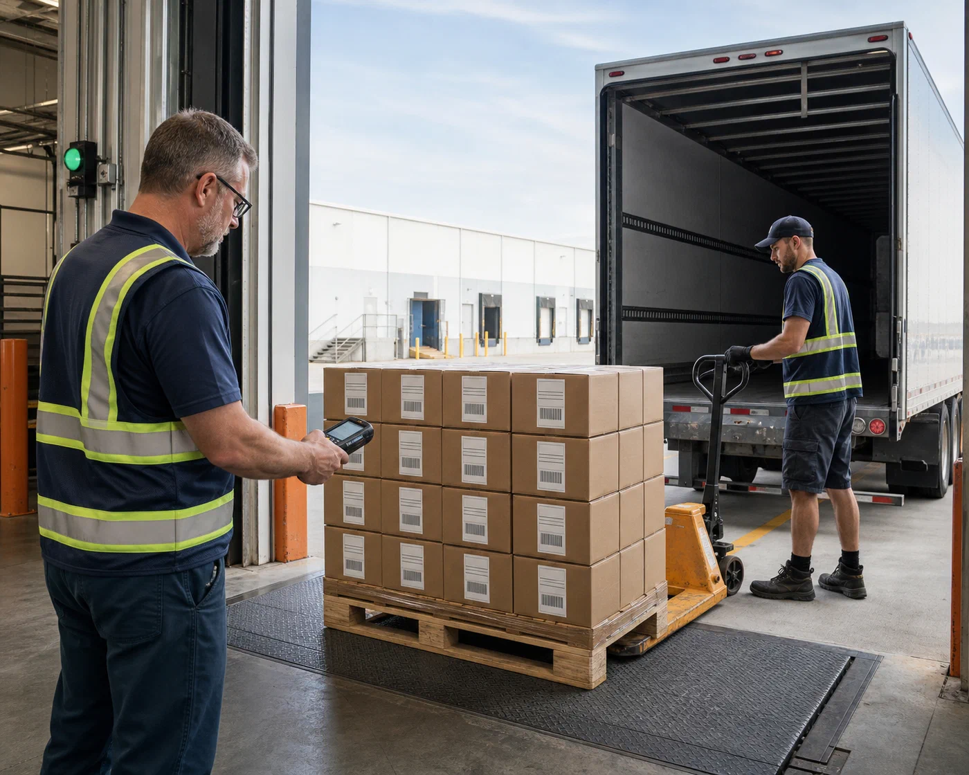 Prepared marketplace cartons being scanned and loaded for inbound transport