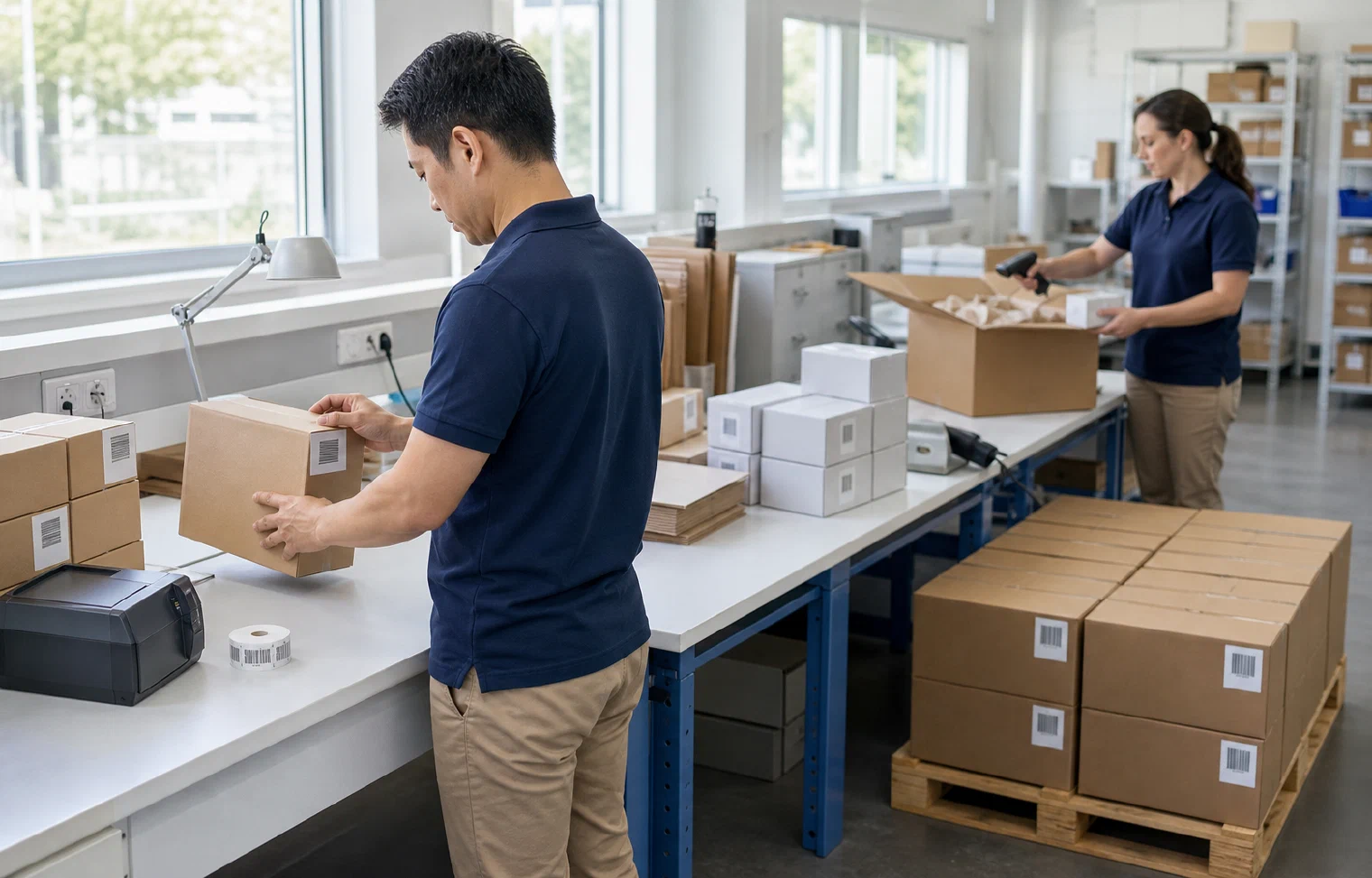 A fulfillment team preparing marketplace units, cartons and pallets for inbound shipping