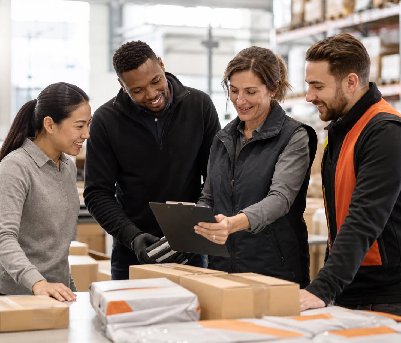 ShipCarte logistics professionals collaborating in a bright fulfillment warehouse