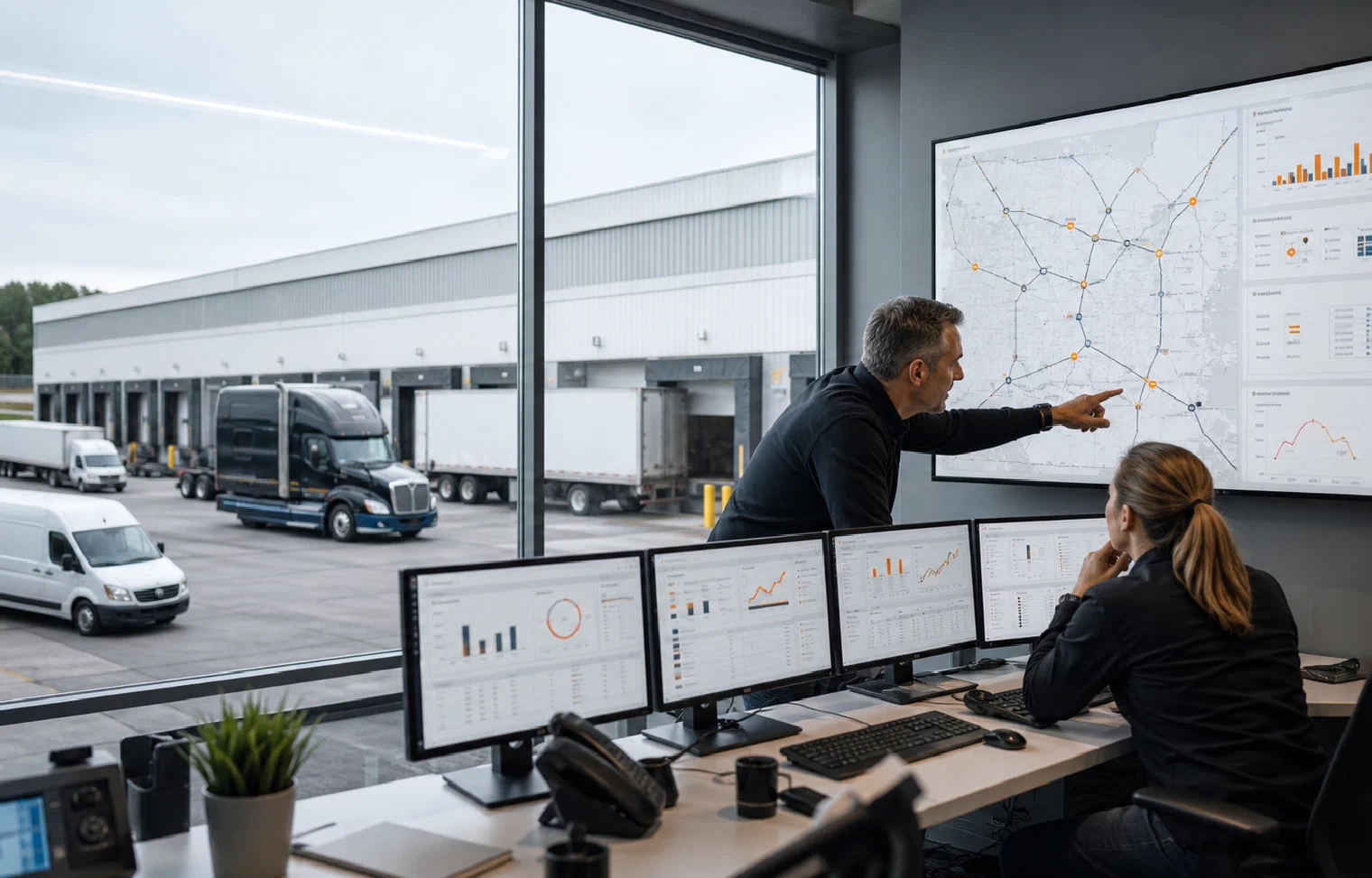 Carrier operations specialists reviewing routes and performance beside an active distribution yard
