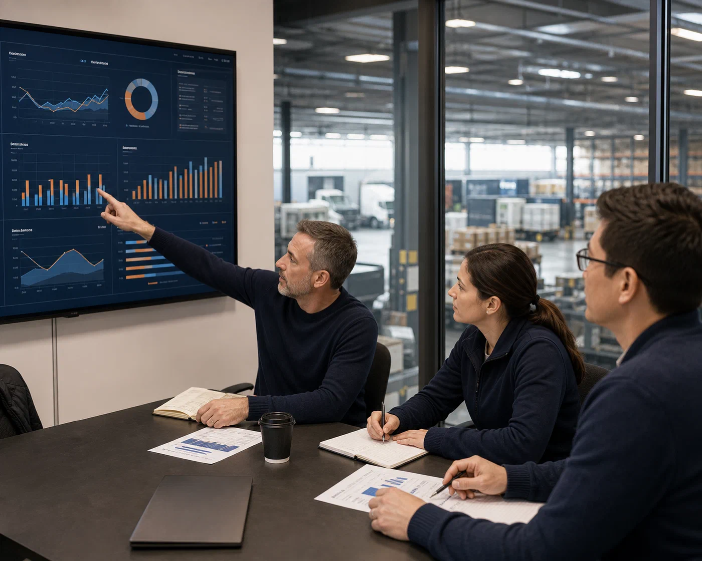 A logistics team reviewing carrier service and performance results