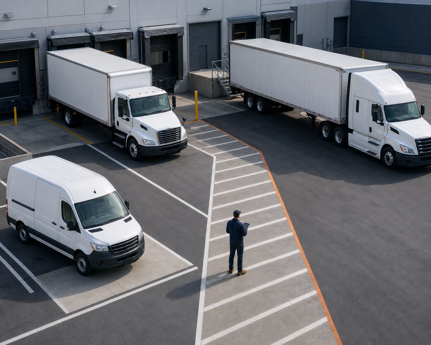 Parcel vans and freight equipment positioned at a distribution facility