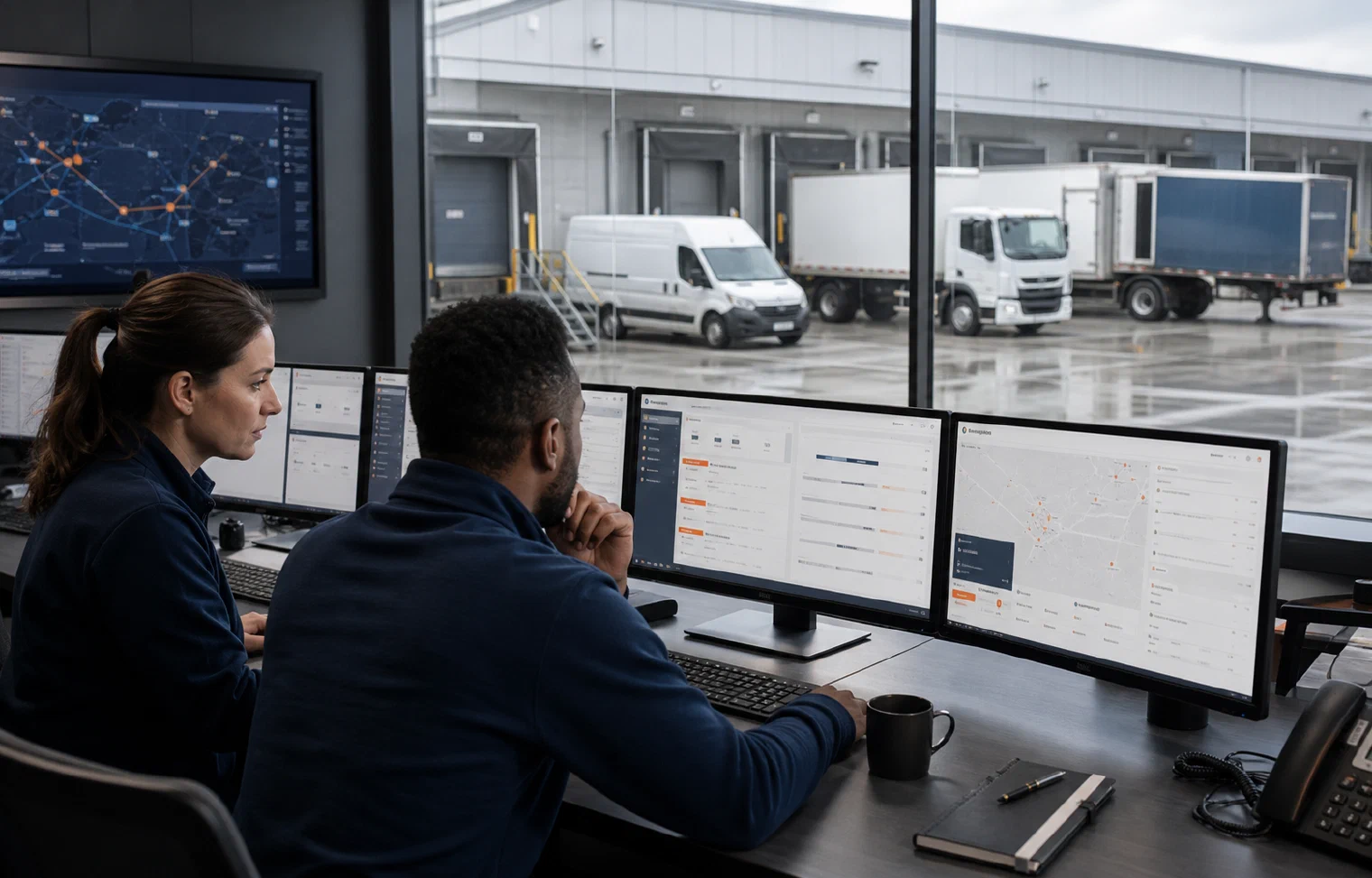 Transportation coordinators managing several vehicle types from a logistics operations centre