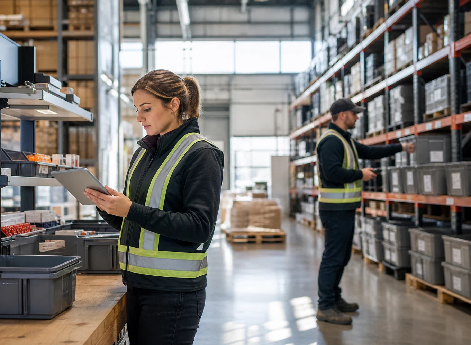Warehouse professionals managing centralized inventory with connected visibility