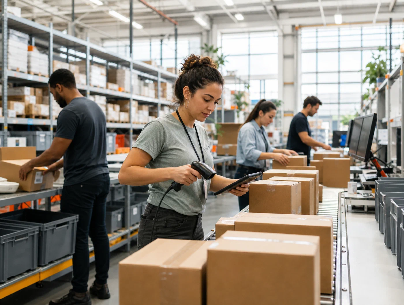 E-commerce fulfillment team scanning and preparing customer orders