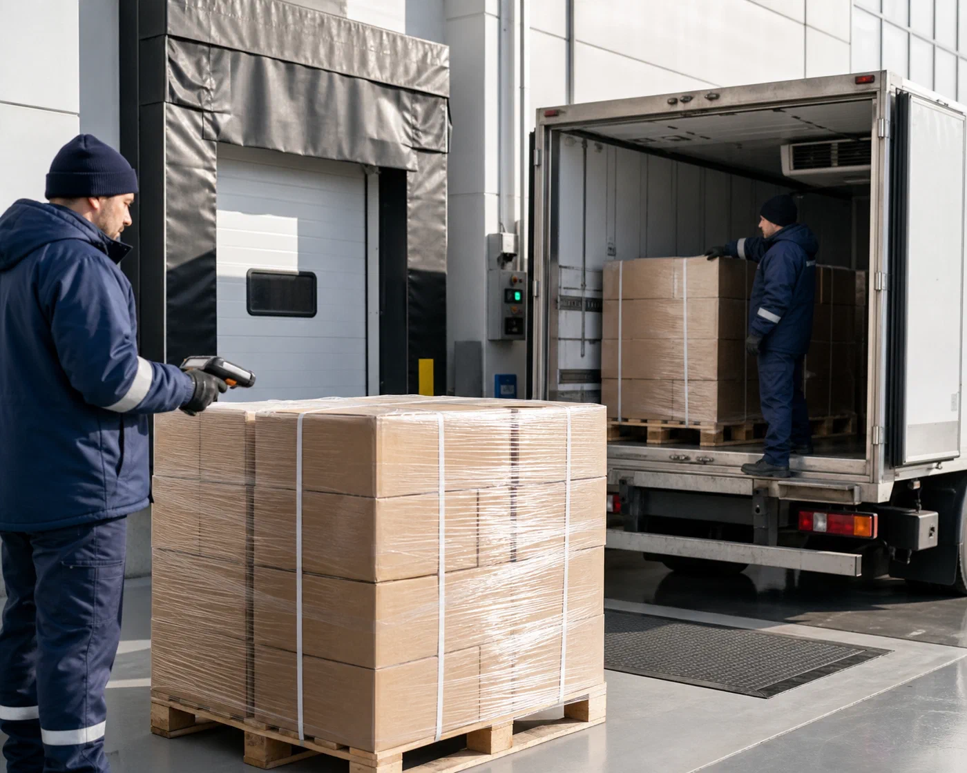 A coordinator scanning a pallet of sealed cold-chain shipments at a refrigerated loading dock