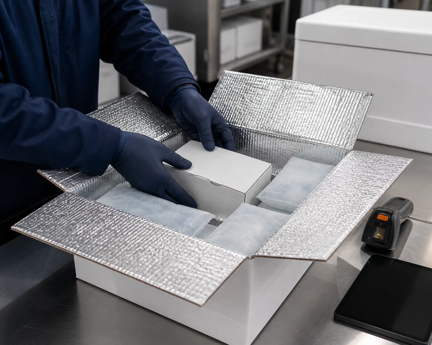 A specialist placing a sealed product carton and conditioned gel packs inside an insulated shipper
