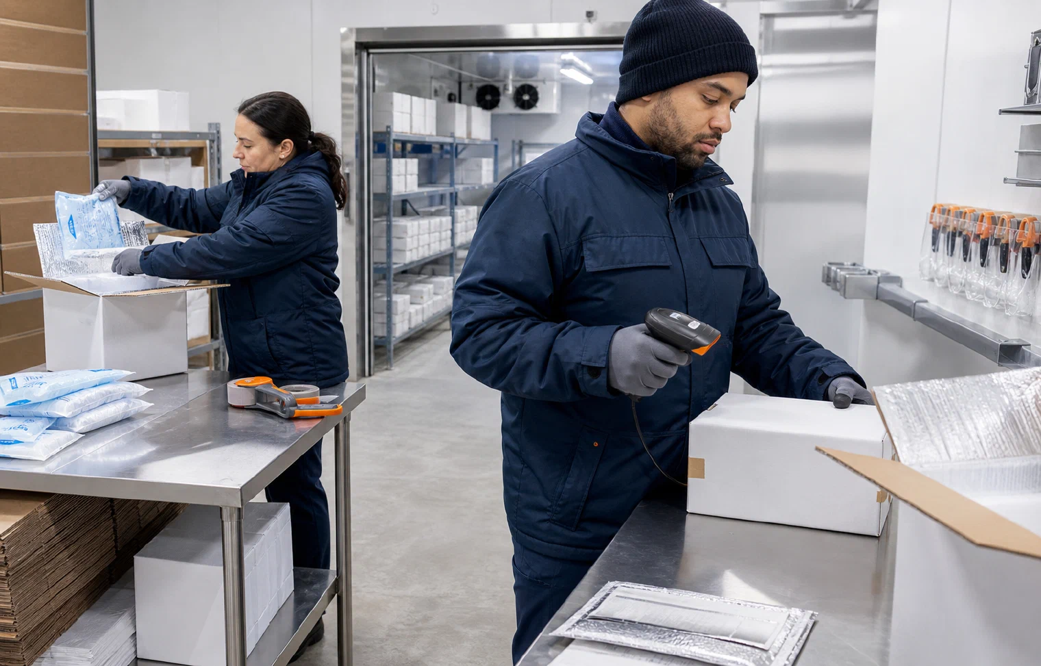 Two specialists scanning and packing insulated cold-chain shipments in a temperature-controlled fulfillment room