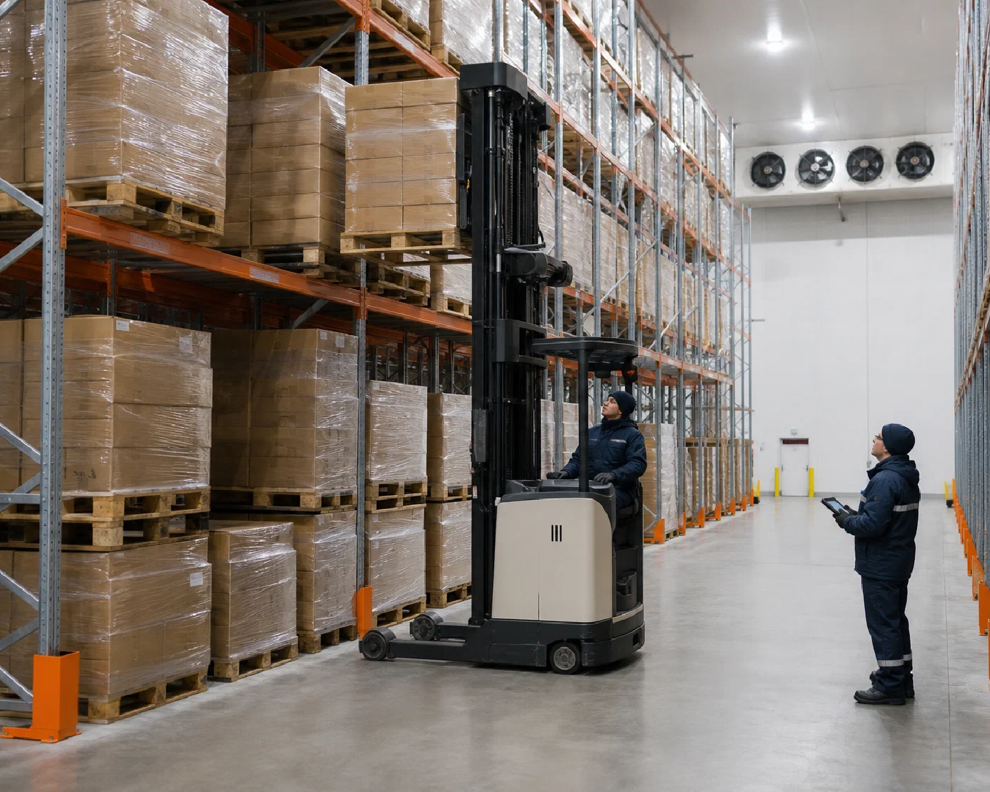 Pallet inventory being placed and verified inside an organized cold-storage aisle