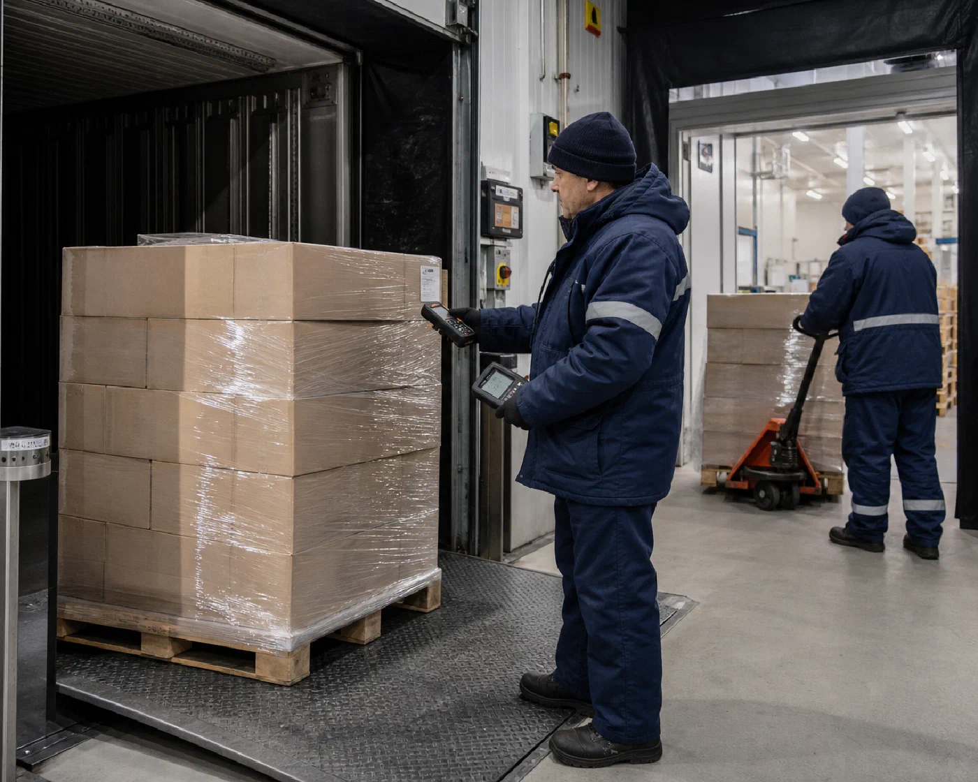 A cold-storage specialist checking a pallet at an enclosed refrigerated receiving dock