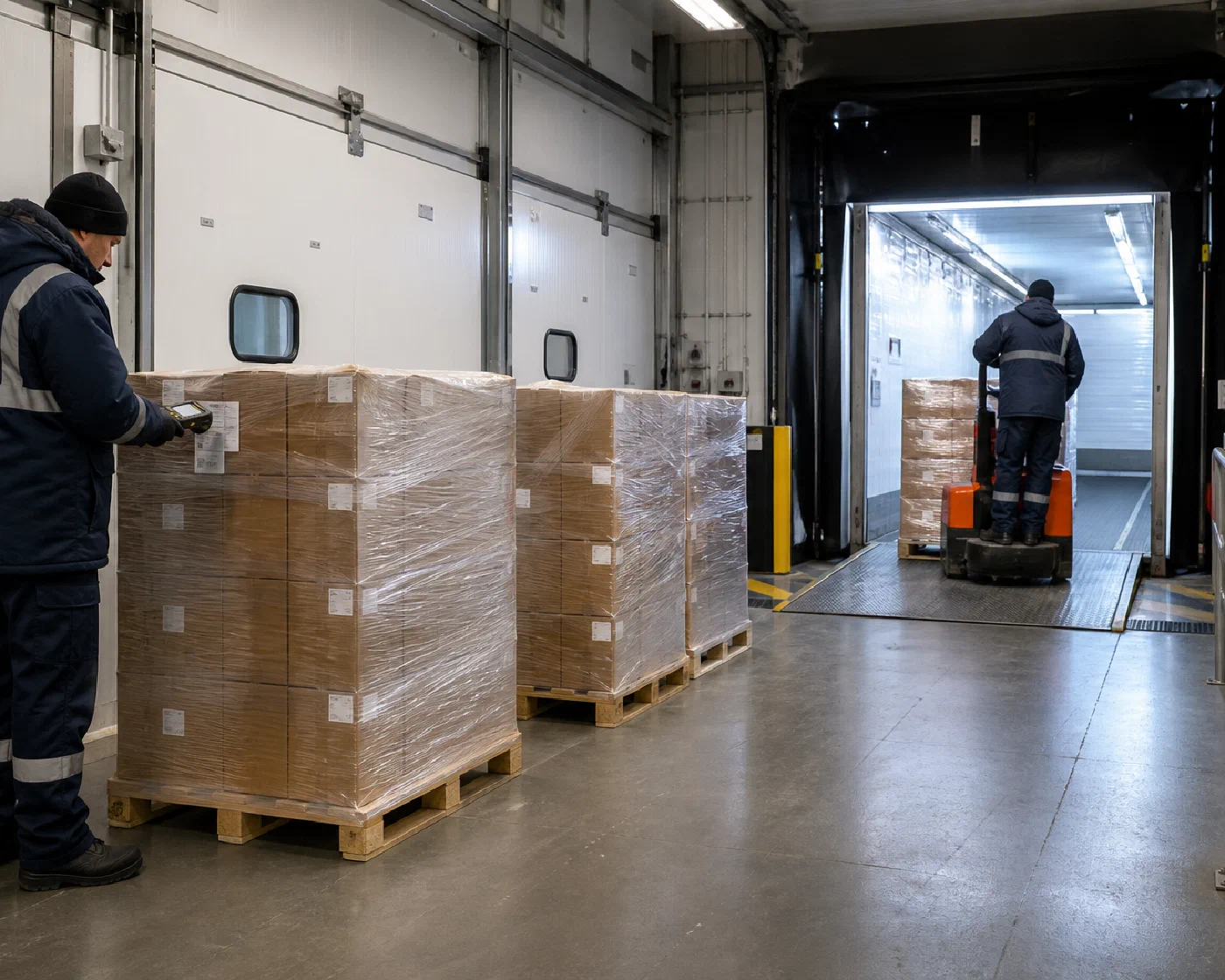 Cold-storage pallets receiving a final scan before loading into a refrigerated trailer