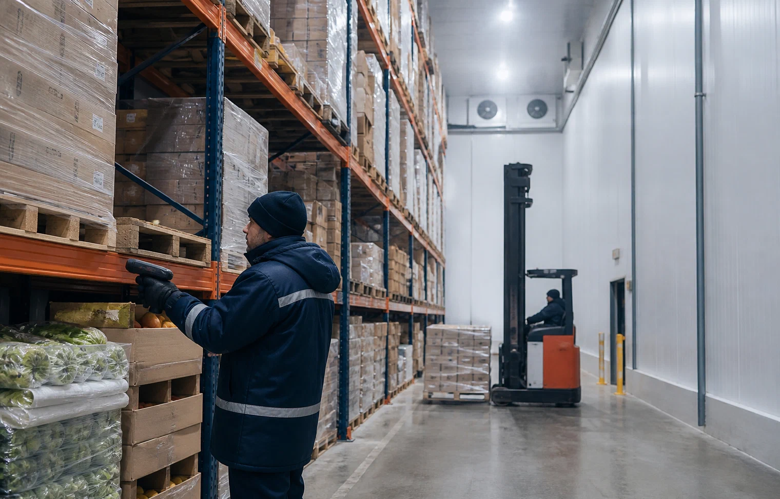 A cold-storage operator scanning pallet inventory inside a refrigerated warehouse