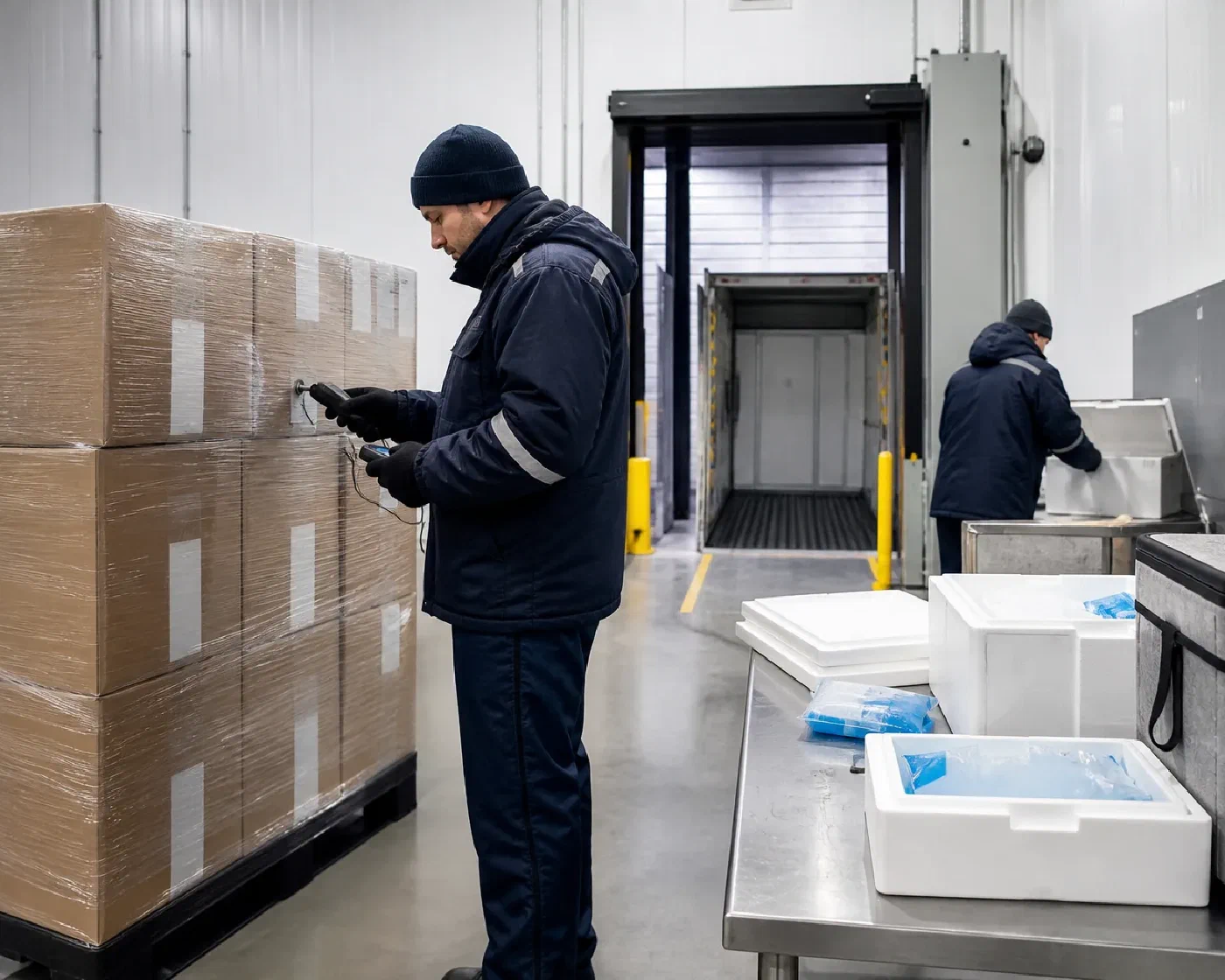 A cold-chain specialist verifying a sealed pallet beside insulated packout materials and a refrigerated handoff