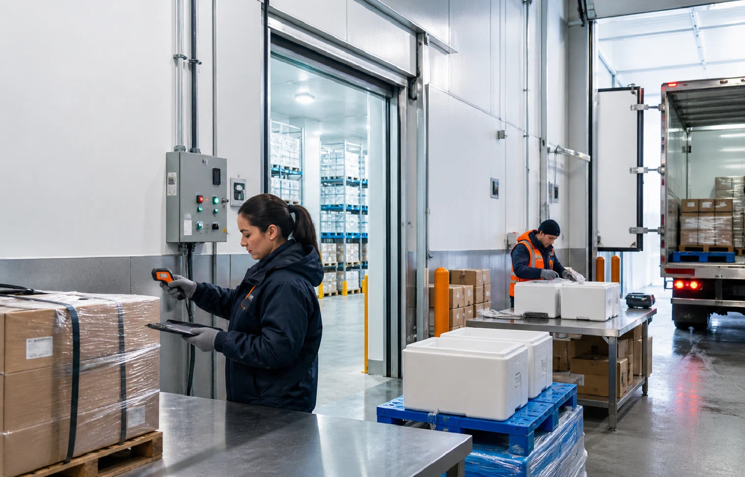 Temperature-sensitive freight moving through receiving, cold storage, insulated packout and refrigerated handoff