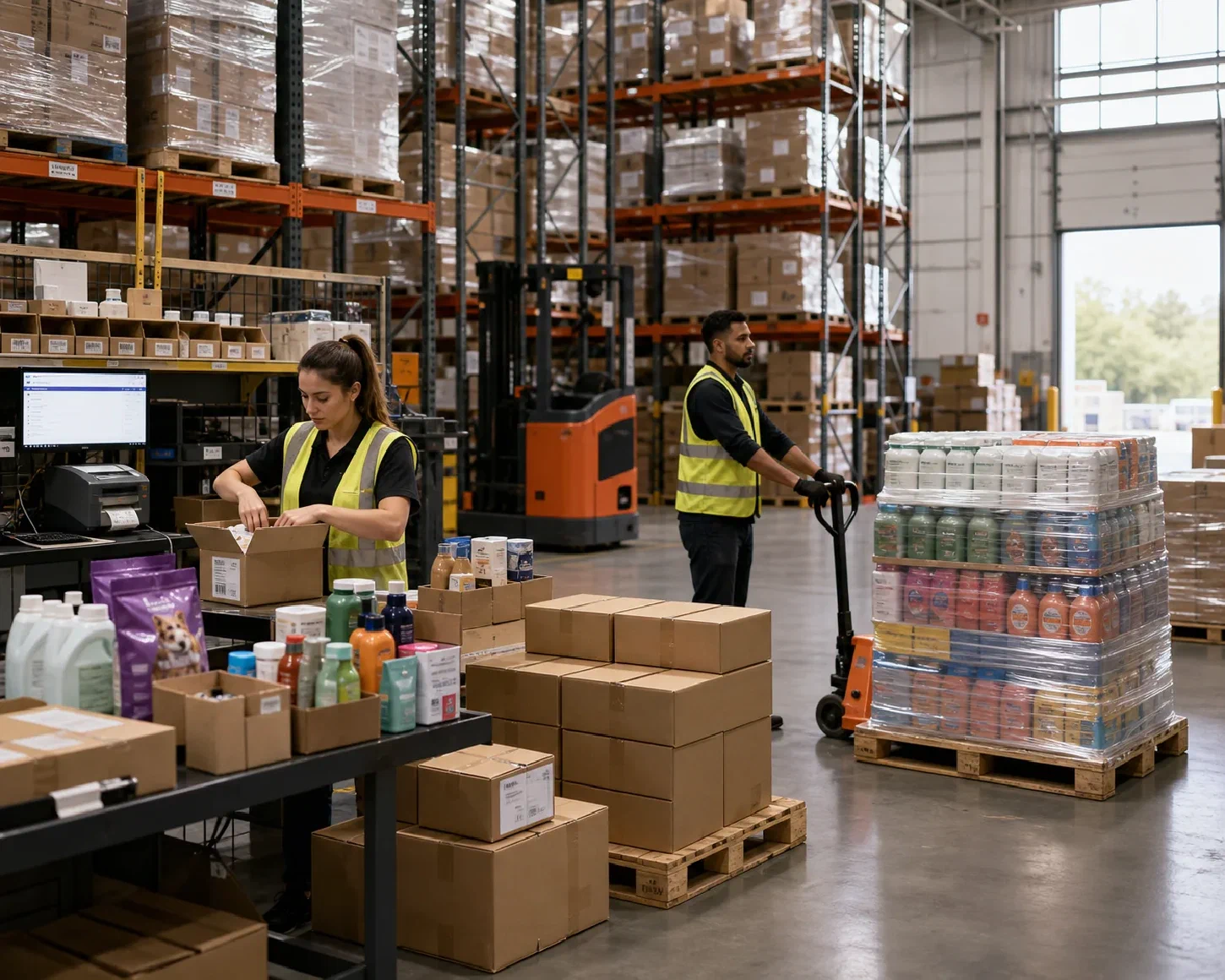 Consumer products being prepared as direct parcels, wholesale cases and retail pallets