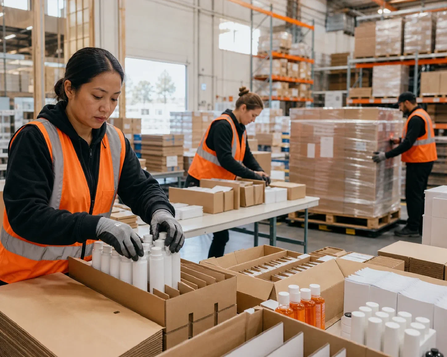 Consumer products being assembled into promotional packs and retailer-ready cases
