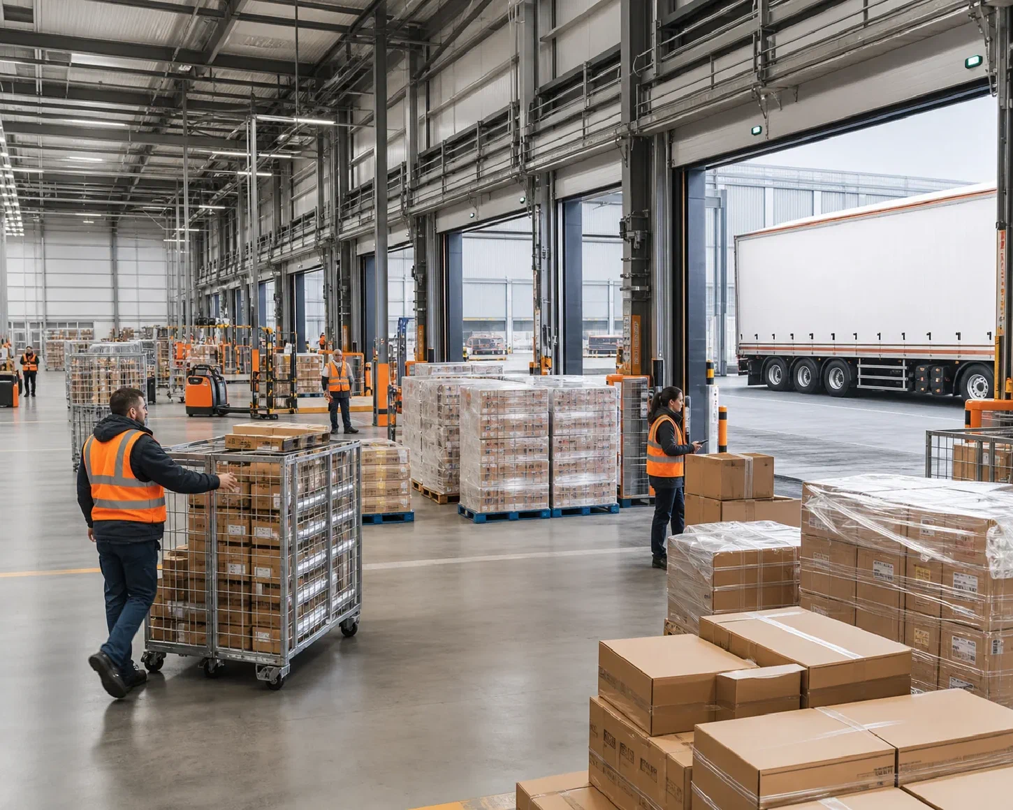 Parcels, cases and pallets staged for consumer product distribution
