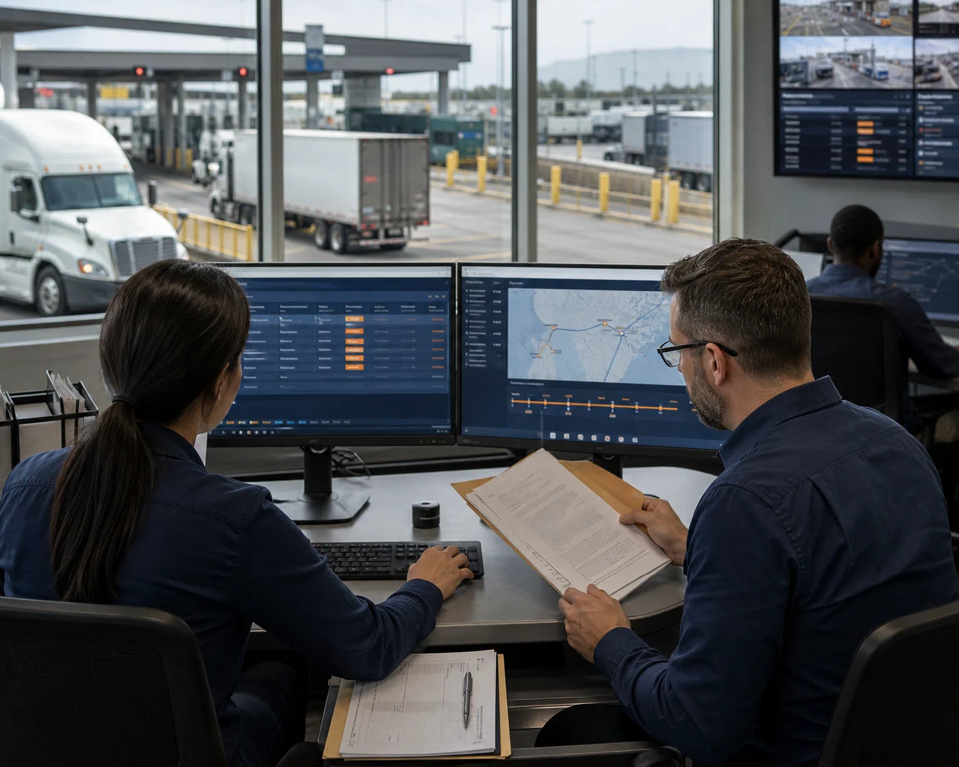 Cross-border logistics professionals coordinating shipment documents and border status