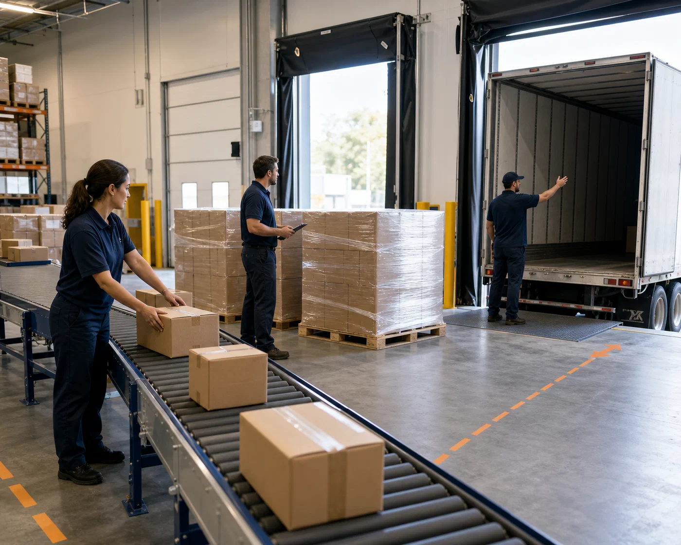 Parcels, secured pallets and a trailer prepared inside one outbound operation