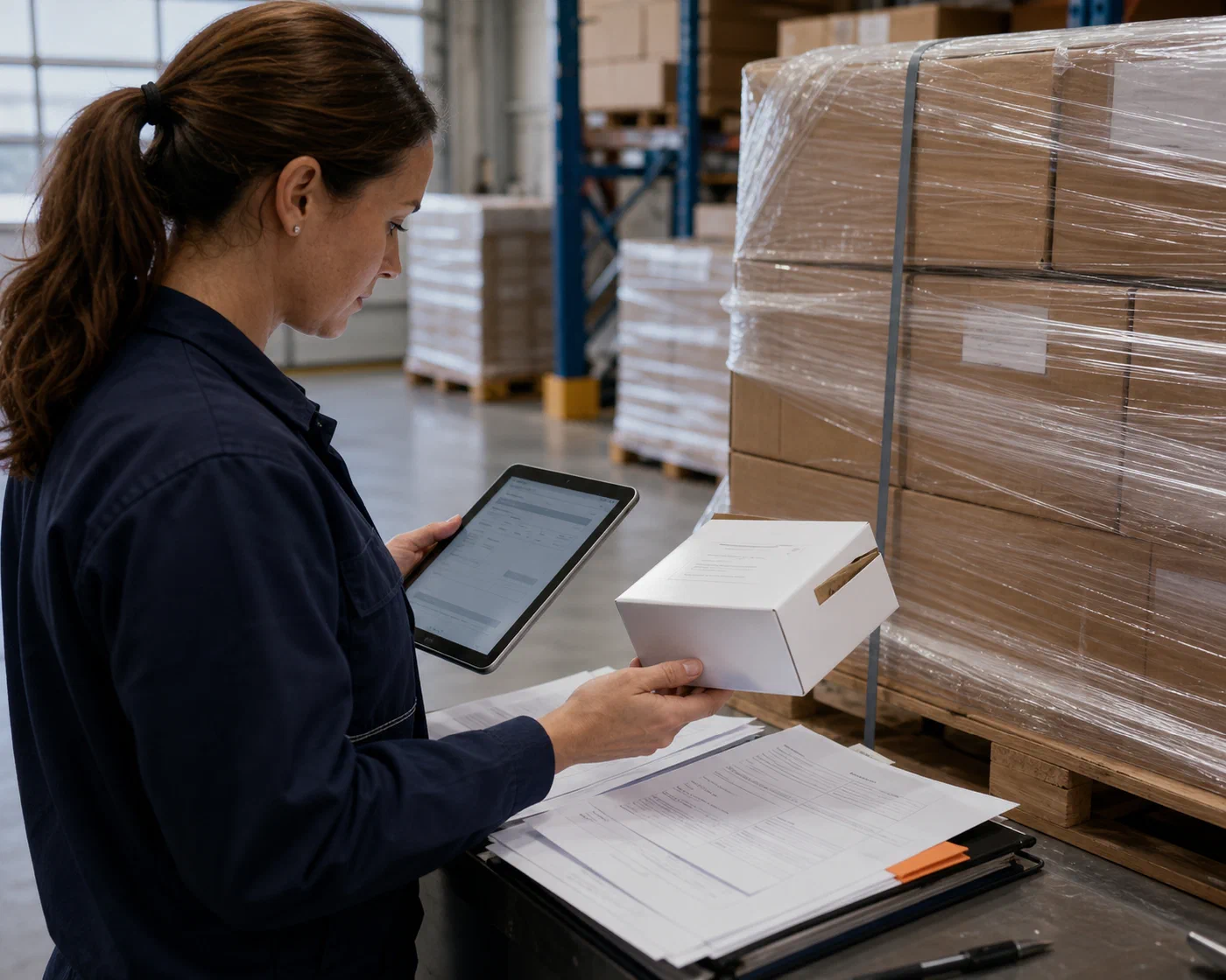 A specialist checking product information and commercial documents beside pallet freight