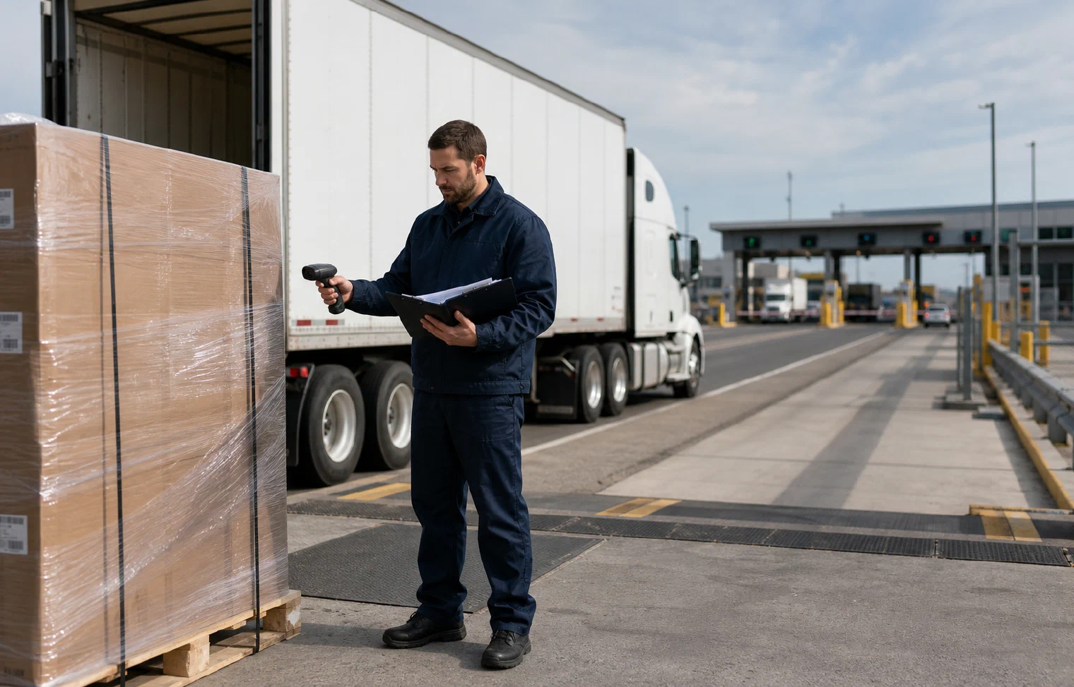 A logistics specialist scanning secured pallet freight beside a truck approaching a border facility