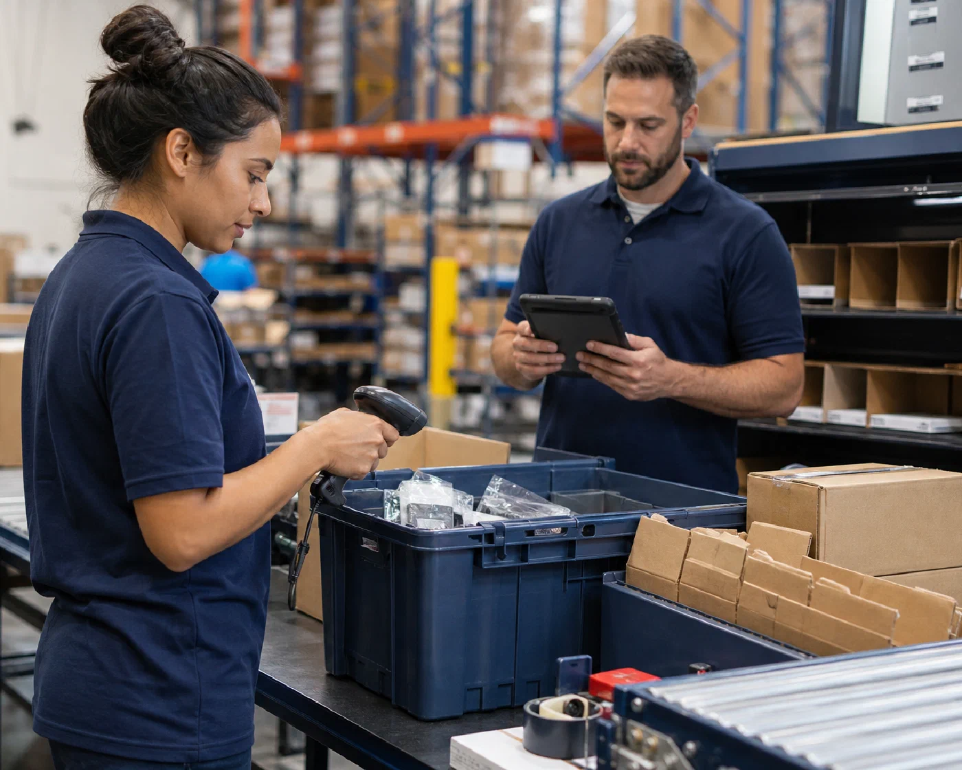 A warehouse associate scanning inventory while an operations lead reviews the work