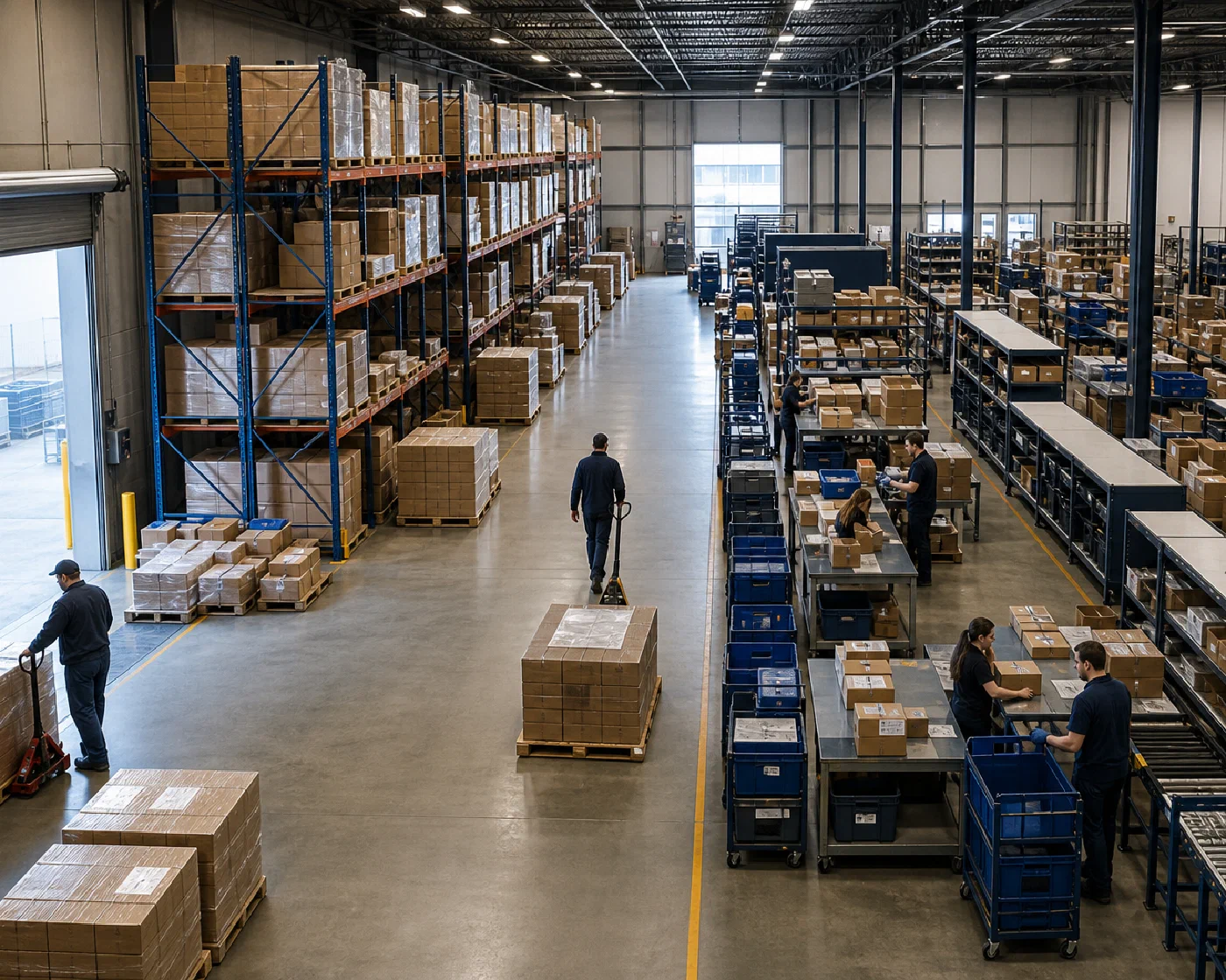 A dedicated warehouse layout connecting reserve storage, pick areas, work cells and dispatch