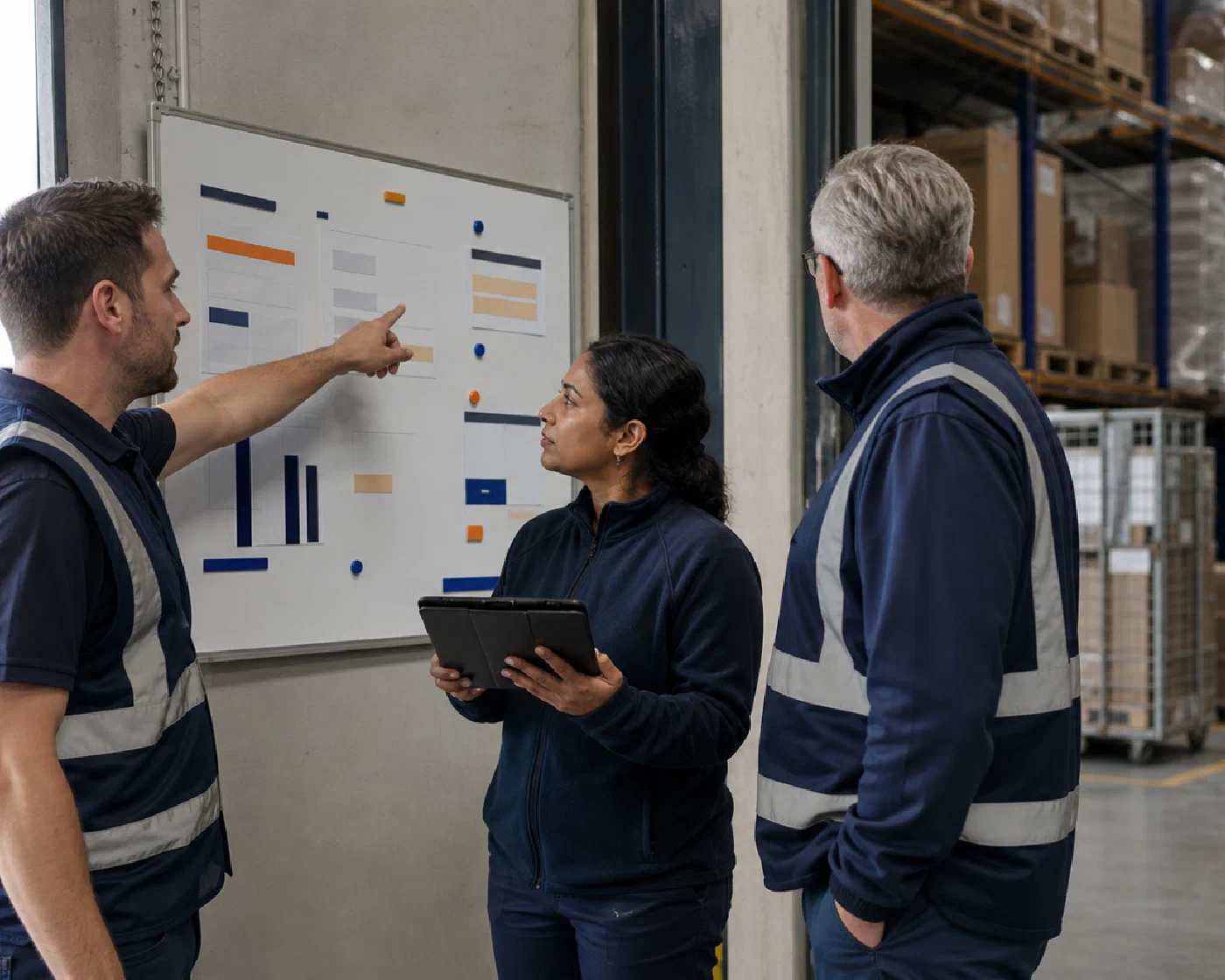 A dedicated warehouse team reviewing an operating improvement beside the active floor