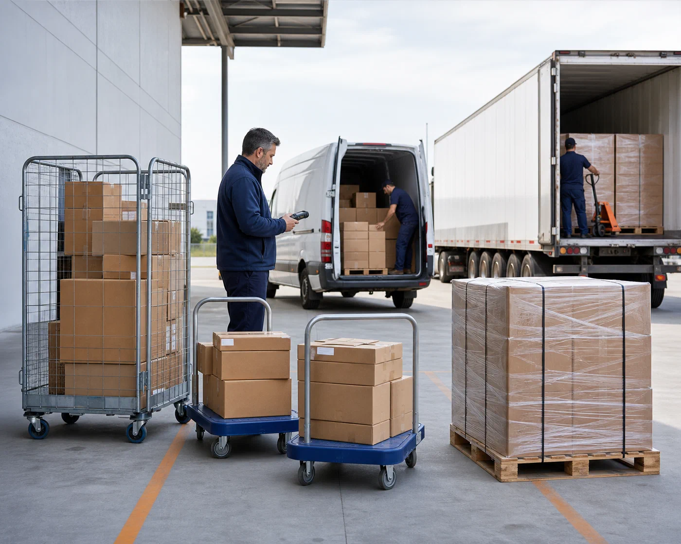 Cartons, case orders and pallet freight prepared beside parcel and freight vehicles