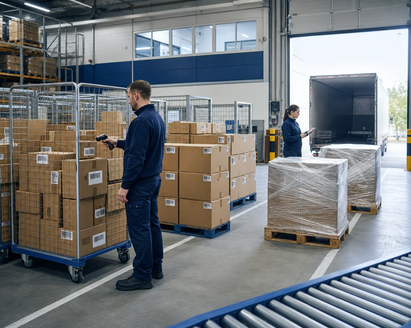 Parcel carts, case orders and wrapped pallets staged for separate outbound routes