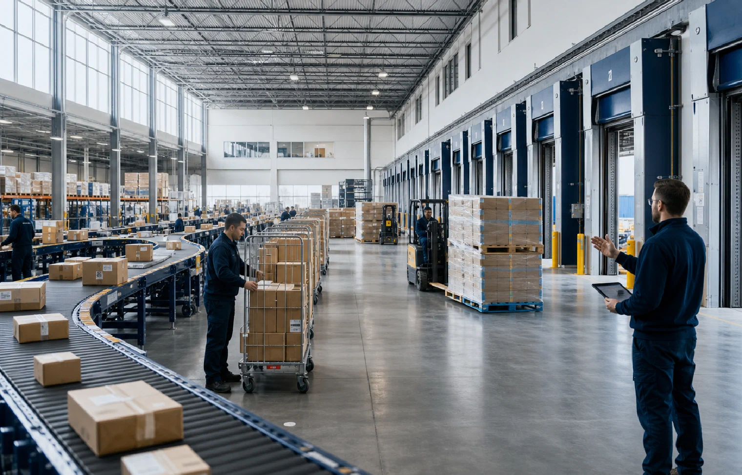 A distribution centre preparing parcels, case orders and pallets across separate outbound lanes