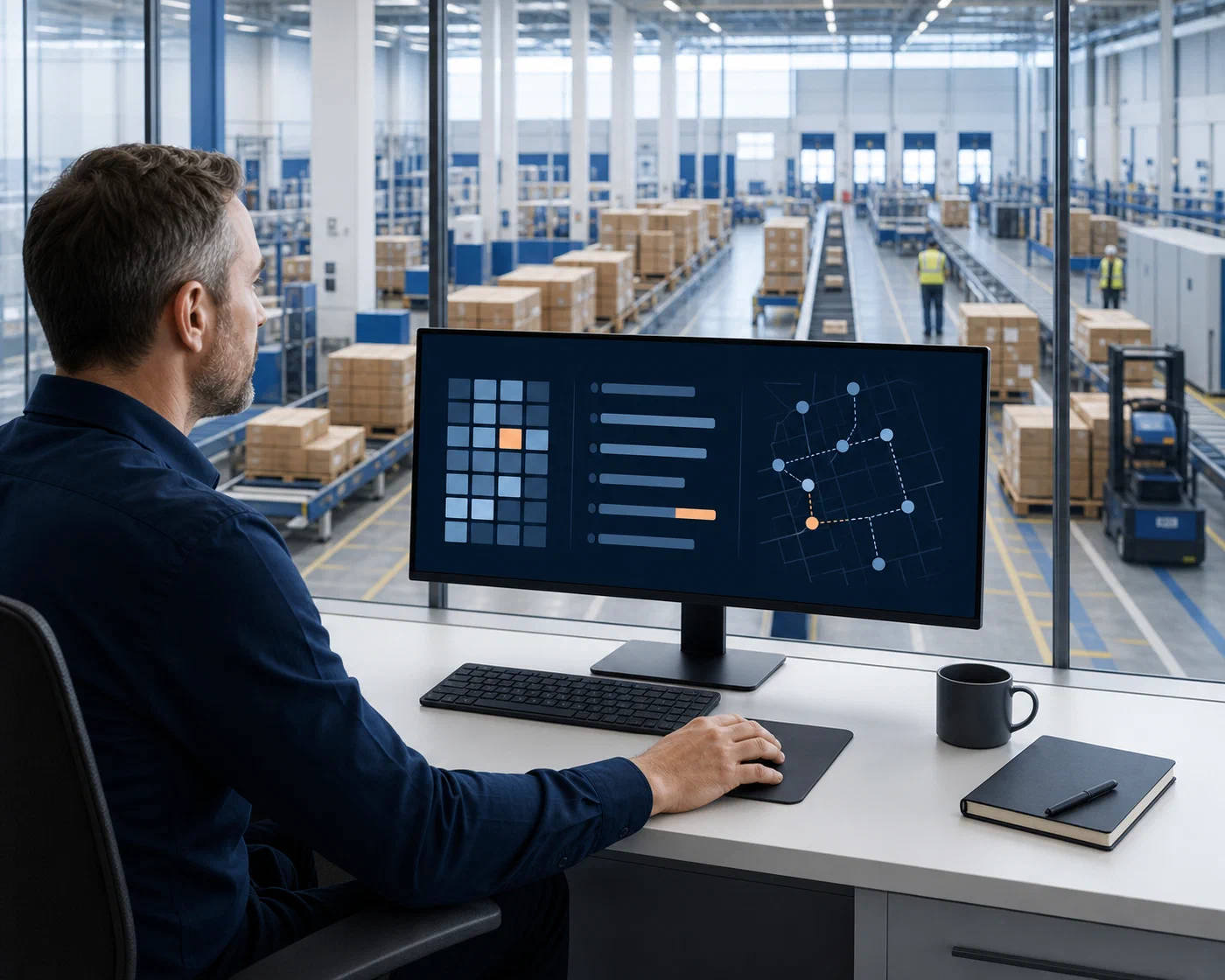 A distribution planner reviewing inventory, allocated orders and outbound routes