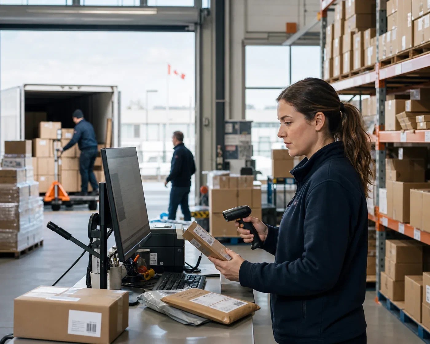 A warehouse specialist scanning an order at a connected shipping station