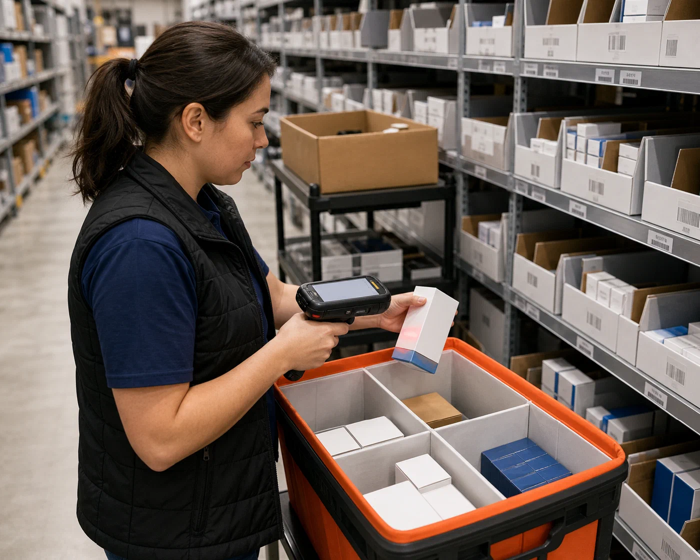A fulfillment associate scanning a product into a divided e-commerce order tote
