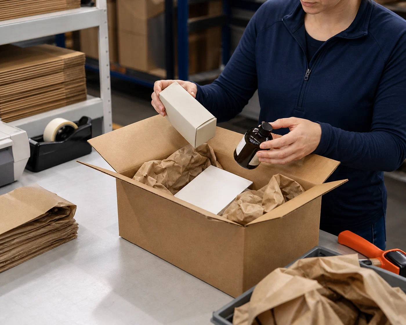 An e-commerce order being packed with right-sized protection at a fulfillment station