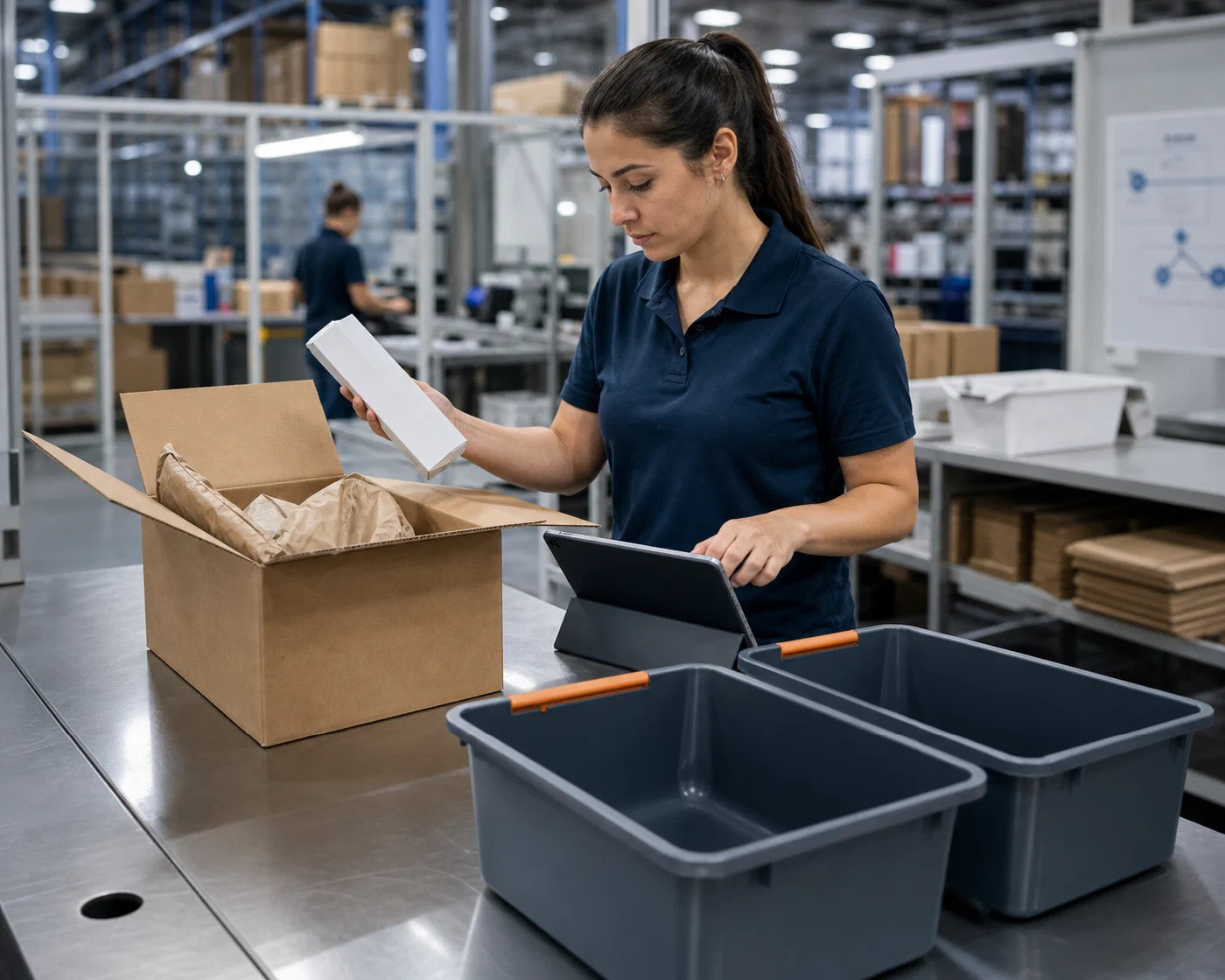 A returned e-commerce order being inspected and assigned a disposition