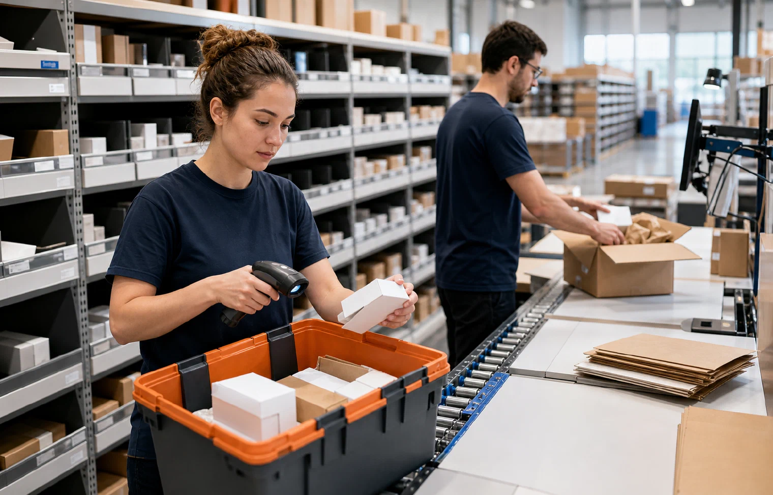 An e-commerce order being scanned from inventory while another order is packed nearby