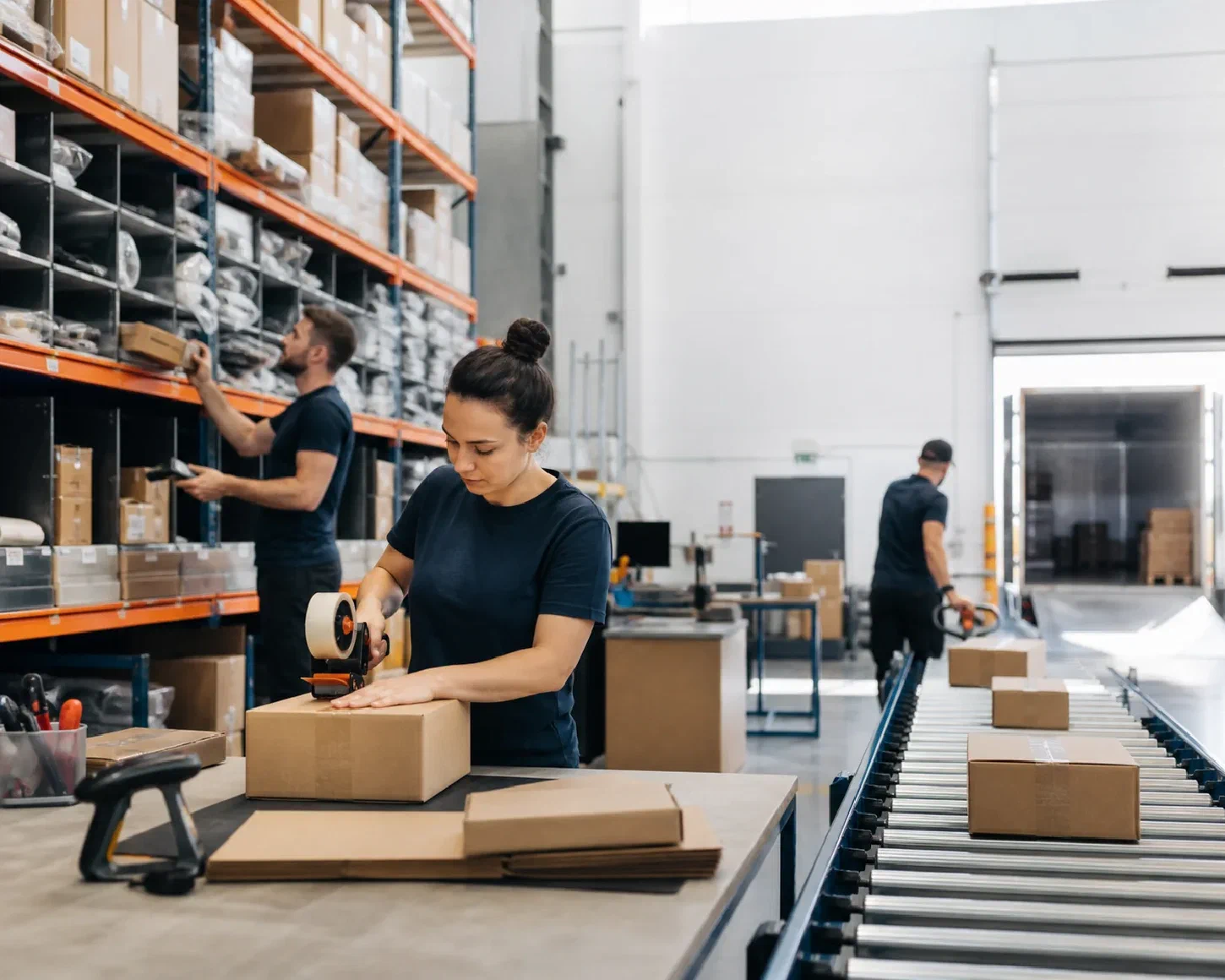 Inventory being picked, packed and moved toward carrier handoff