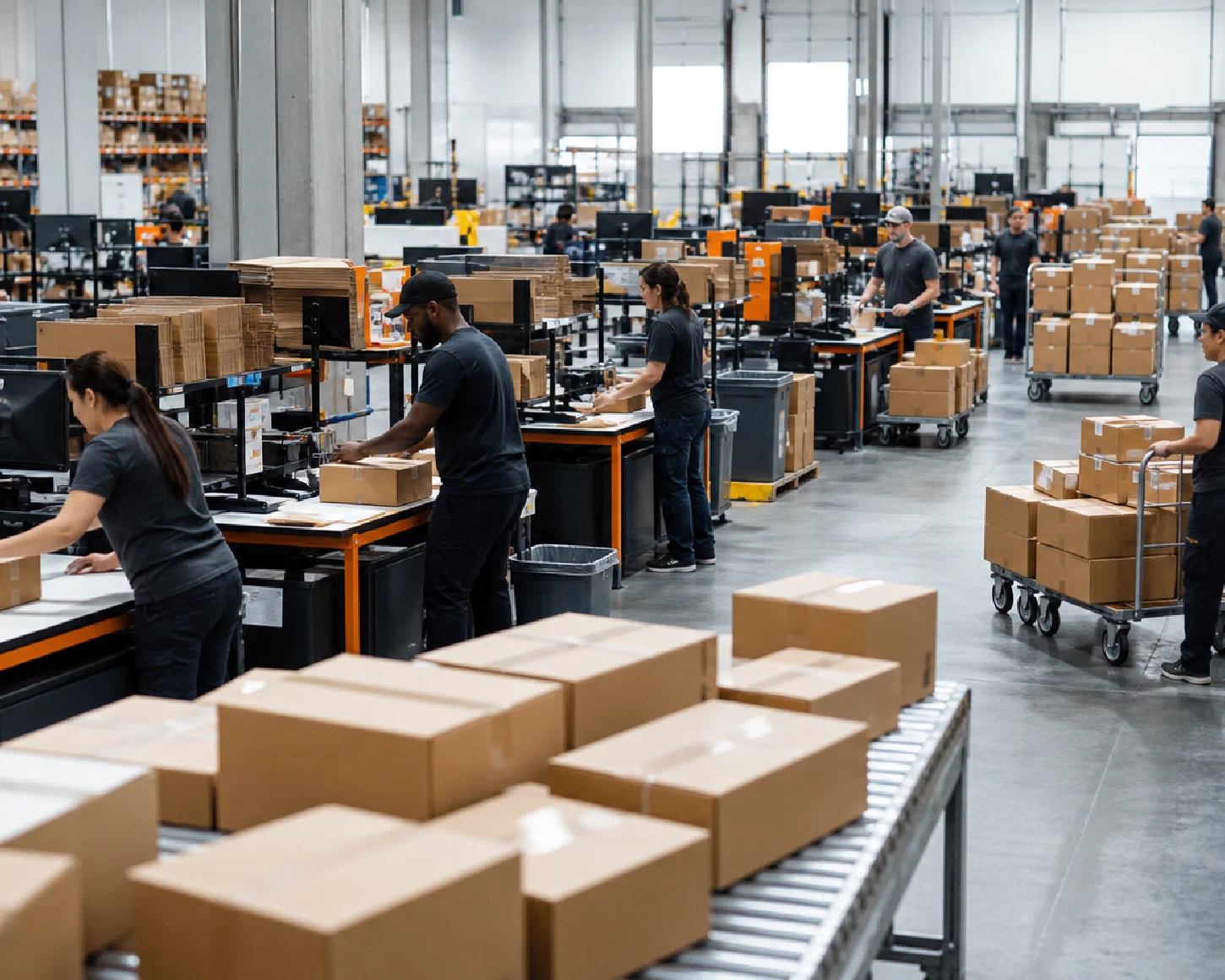 A fulfillment team preparing a high volume of e-commerce orders for peak season