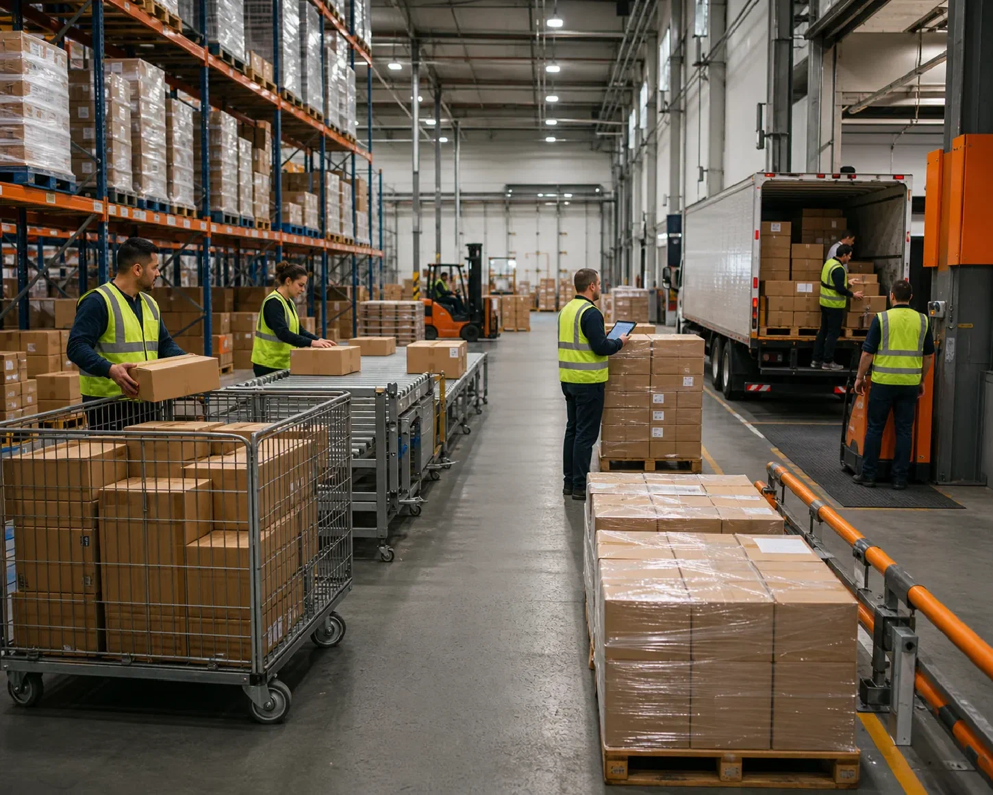 Sealed packaged-food parcels, cases and pallets moving through an outbound warehouse