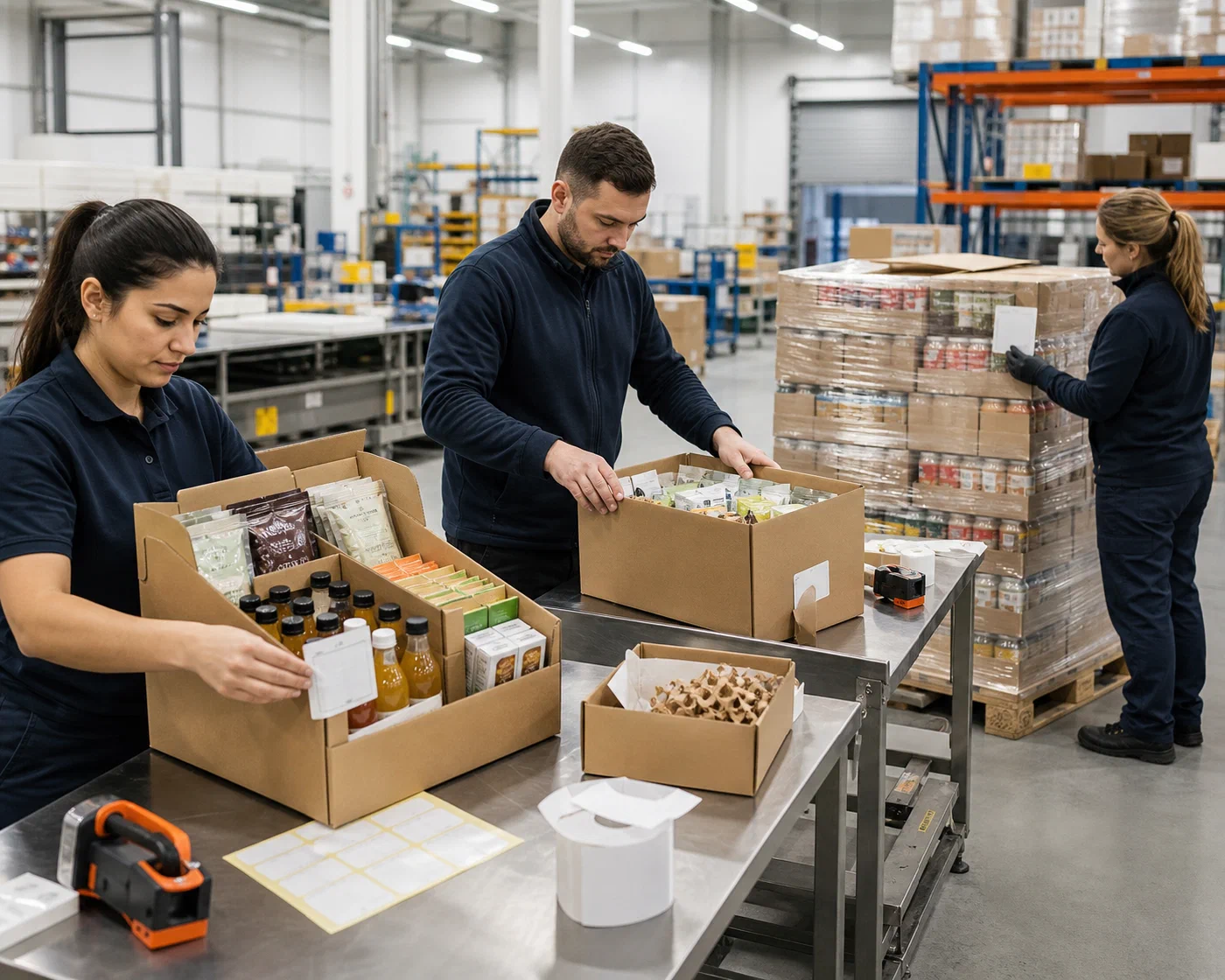 A distribution team preparing retail trays, individual cartons and a wholesale pallet from packaged food inventory