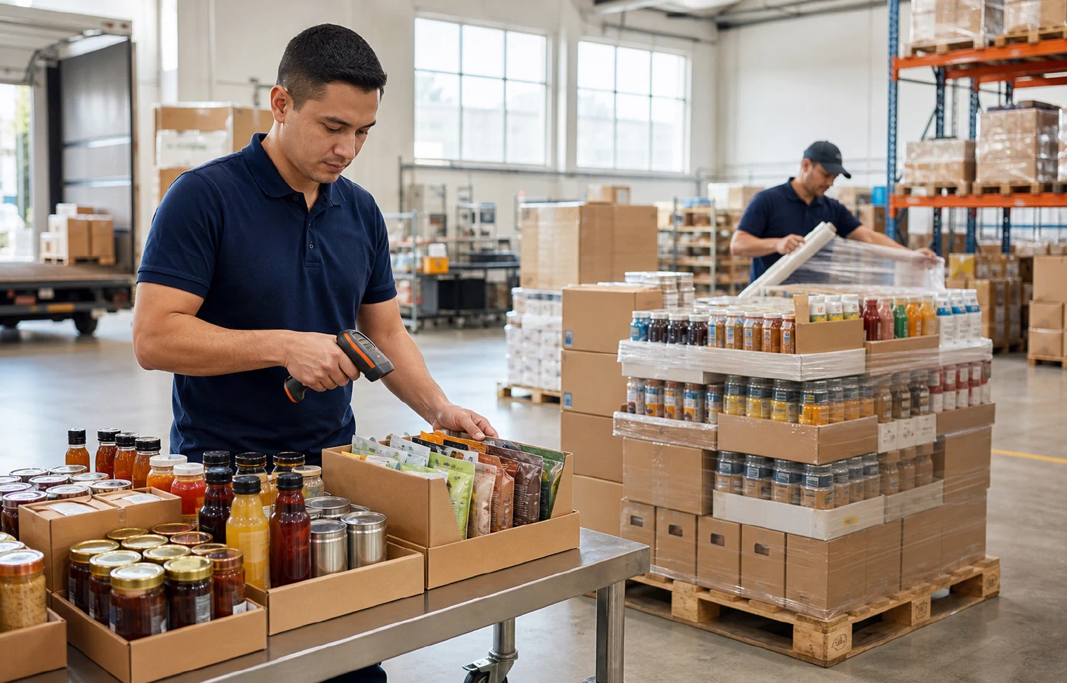 Specialists scanning packaged foods and preparing beverage and grocery cases for distribution