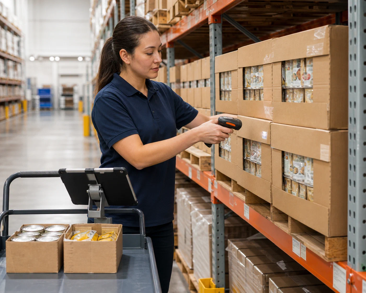 A specialist scanning packaged food cases during shelf-life-aware inventory selection