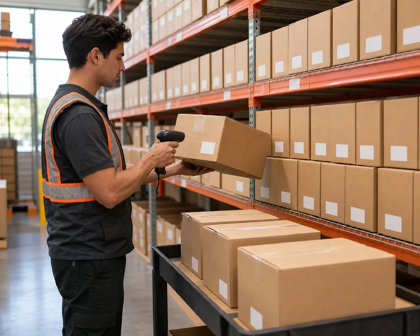A warehouse associate scanning sealed cases arranged for an agreed inventory rotation