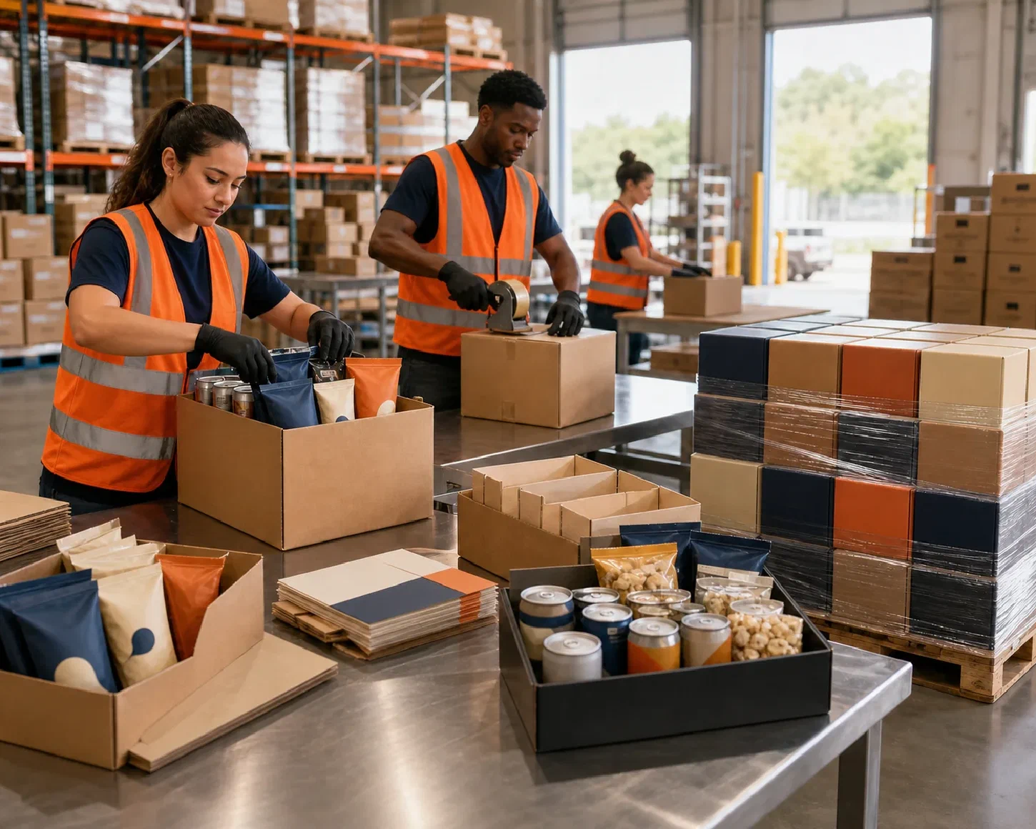 Sealed food and beverage products being assembled into variety packs and retailer-ready cases