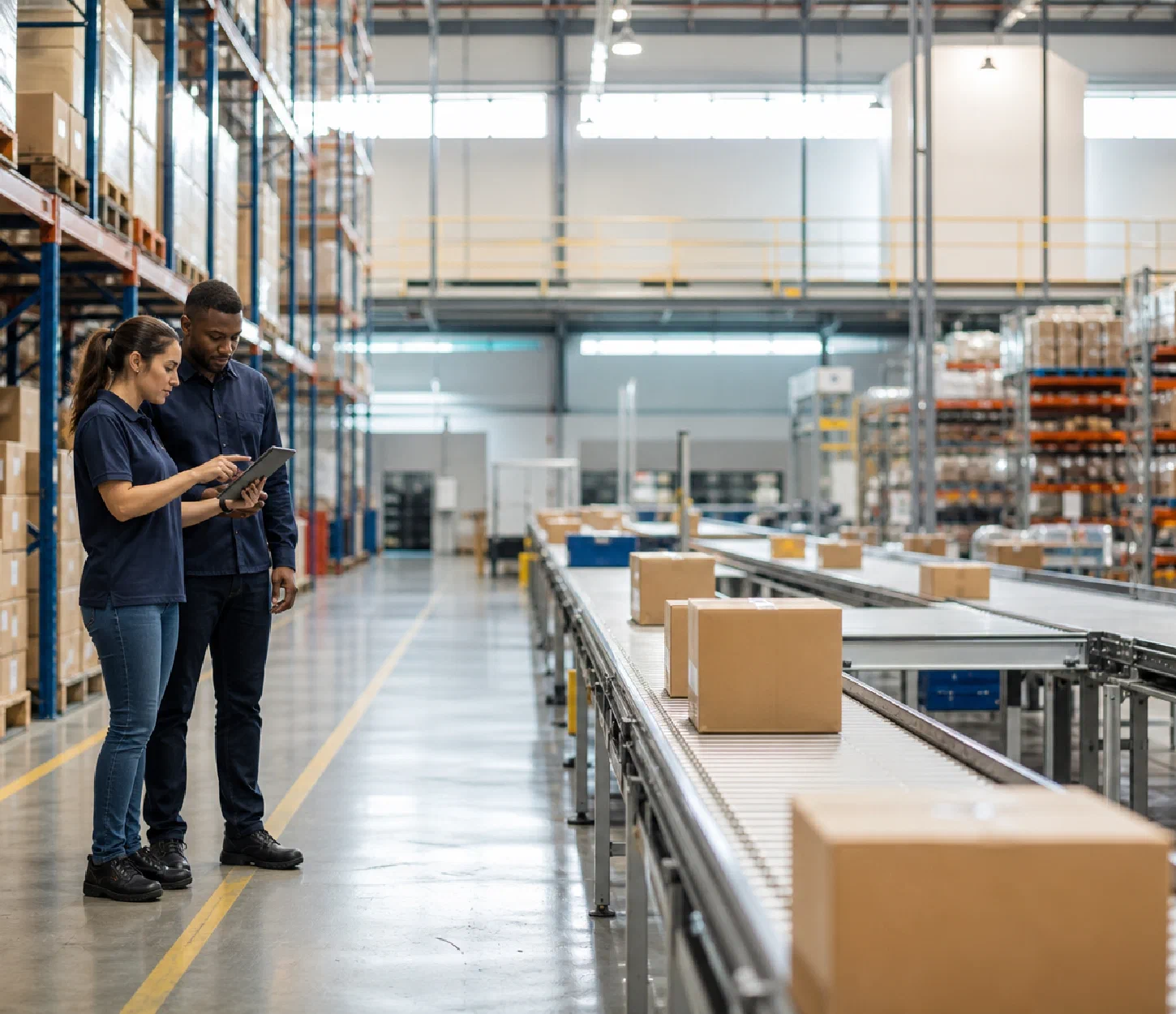 Warehouse professionals reviewing connected inventory operations