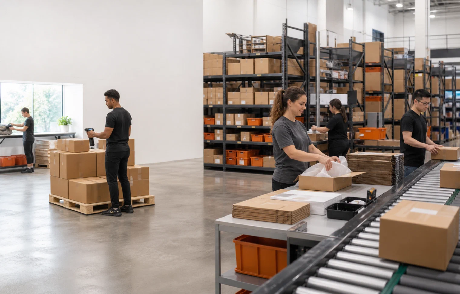 Receiving, inventory, picking, packing and shipping connected in one fulfillment centre