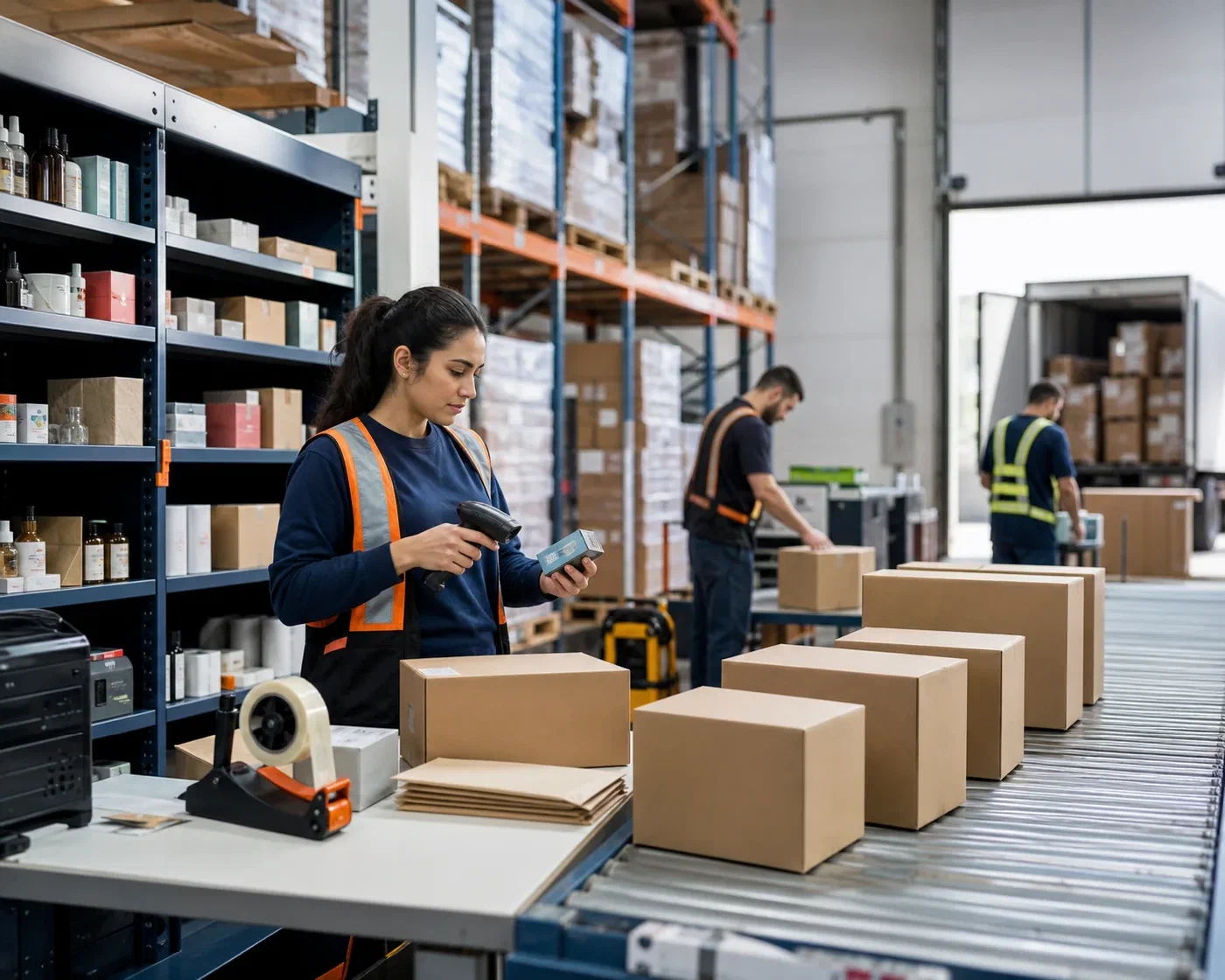 A fulfillment team scanning products and preparing customer orders for shipment